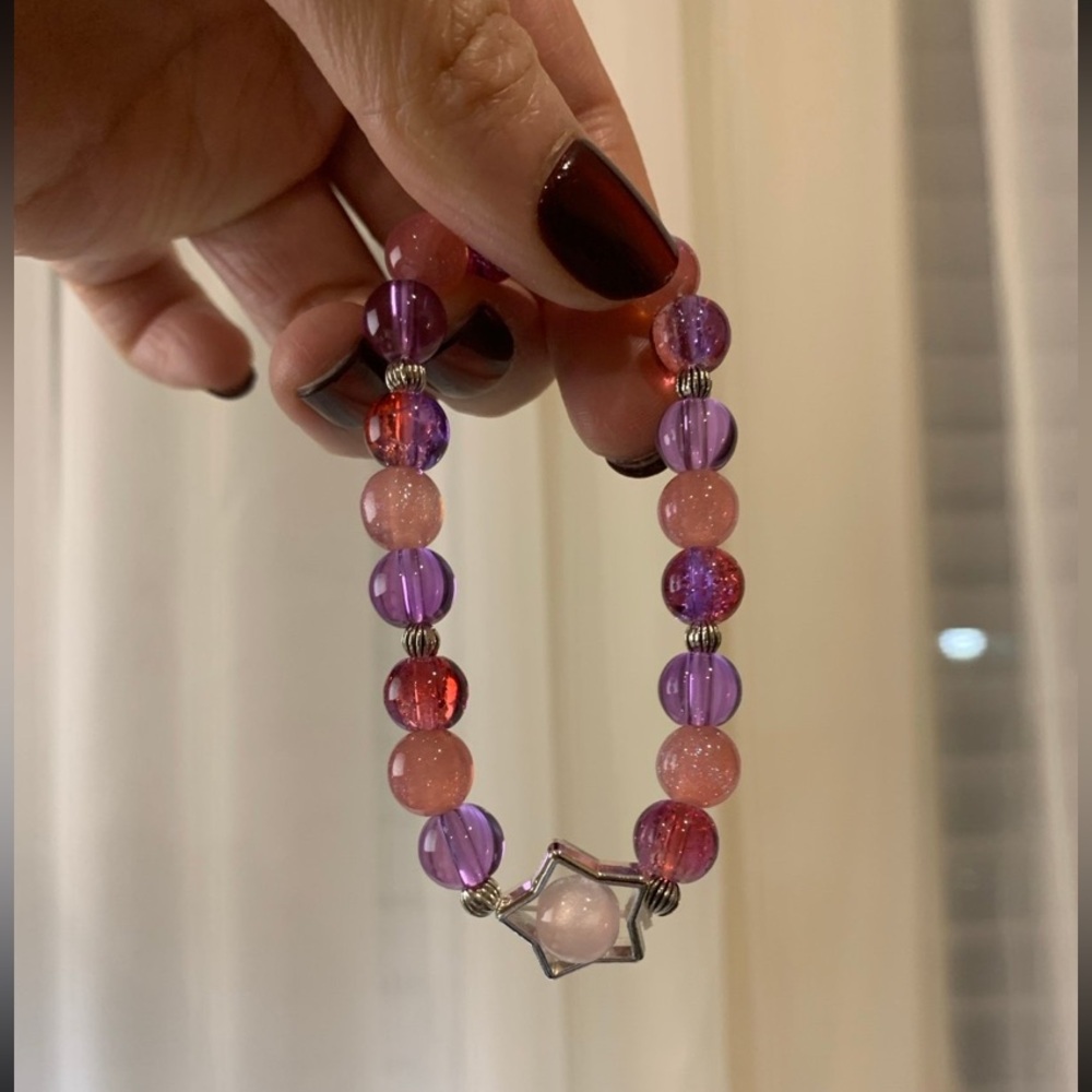 Pink and purple sparkly beaded bracelet with star pendant